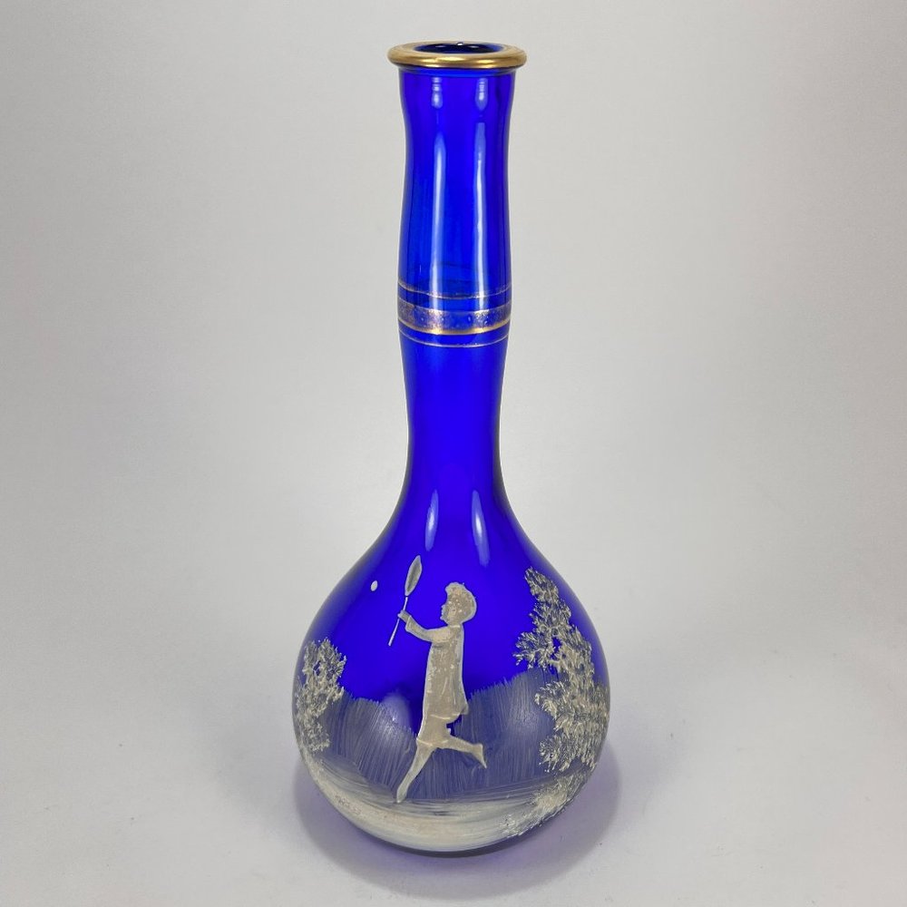 Vtg Victorian Mary Gregory Barber Bottle Vase Blue White Enameled Painting